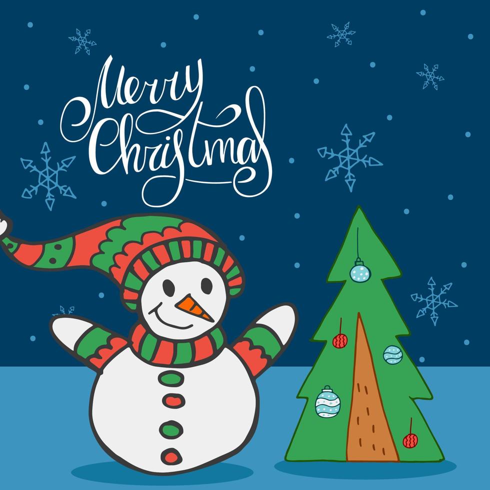 A snowman in a red and green hat and scarf on the background of falling snowflakes and Christmas tree with toys. Handwritten lettering - Merry Christmas. Happy New Year 2022. Hand-drawn doodle. vector