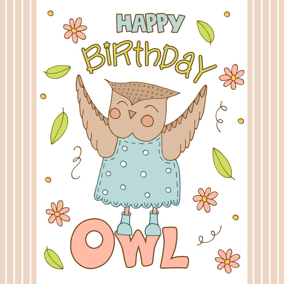 Hand drawn cute animals. An owl in a blue dress with polka dots and boots. Flower and leaves. Happy Birthday. White background. Vector. vector