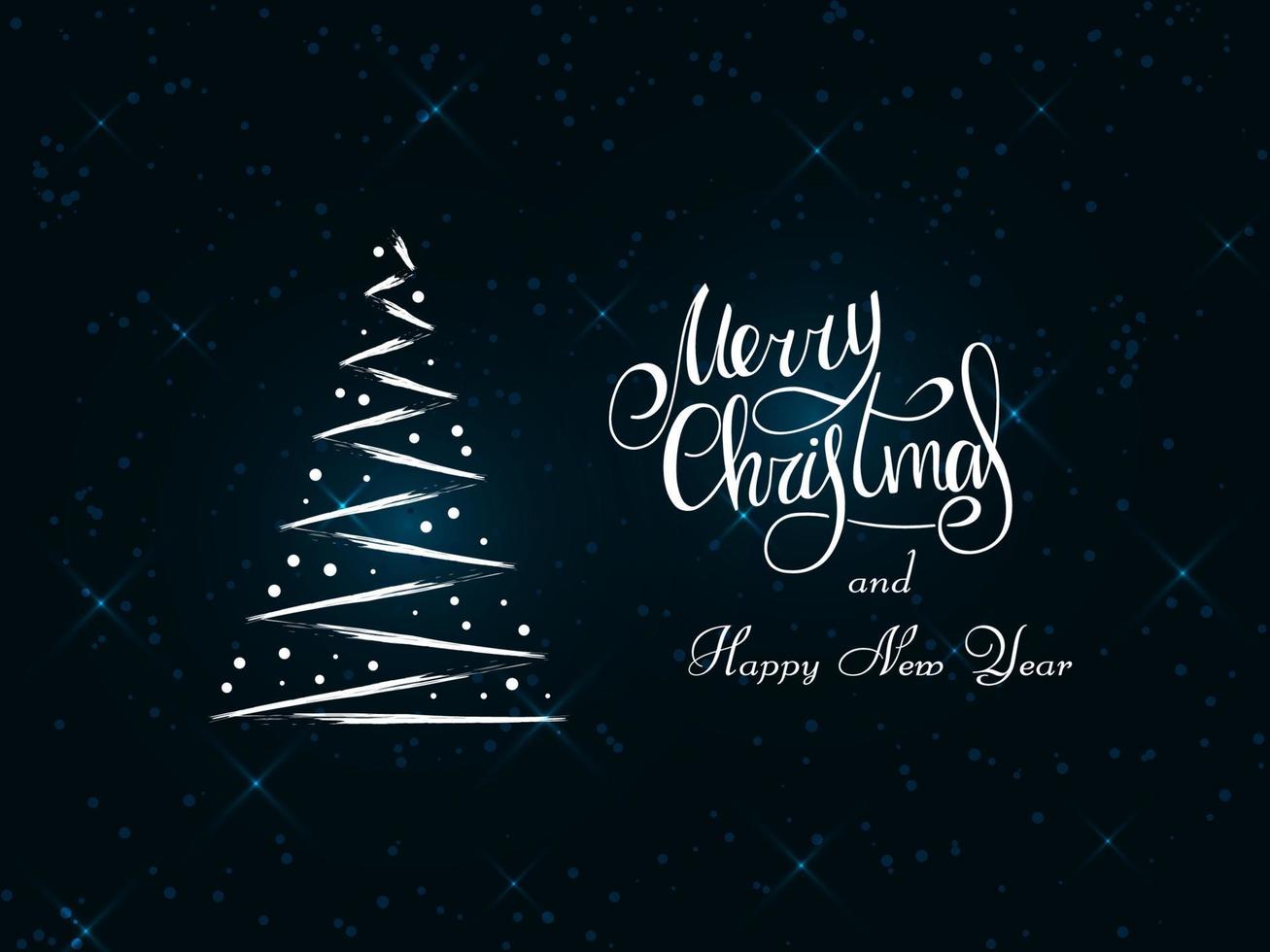 Handwritten white lettering on a dark blue background. Magic white Christmas tree made of brush strokes with snowflakes. Merry Christmas and Happy New Year 2022. vector