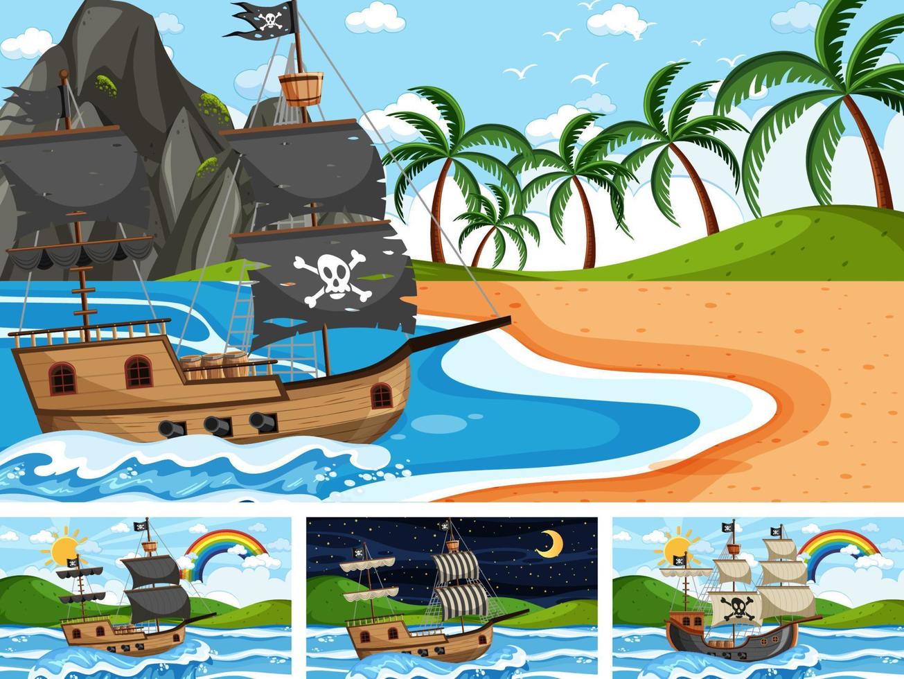 Conjunto de diferentes escenas de playa con barco pirata. vector