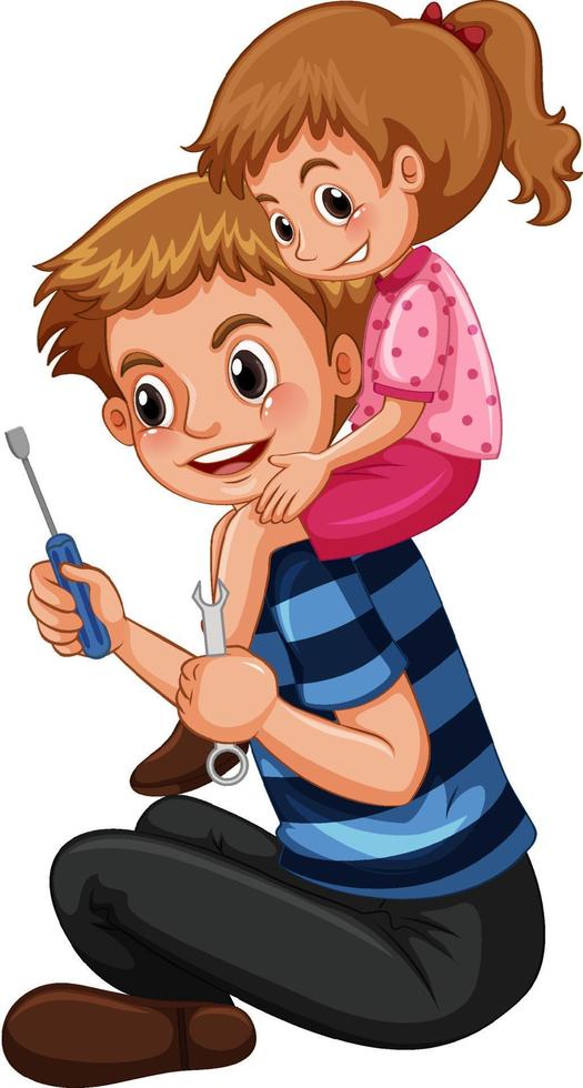 Dad holding screwdriver and wrench with cute daughter vector