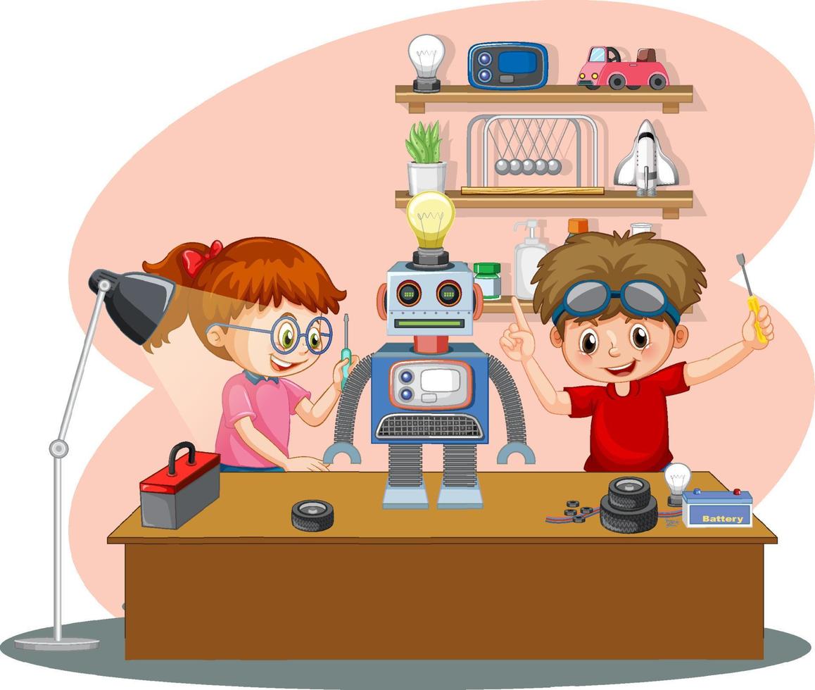 Children fixing a robot together in the room scene vector