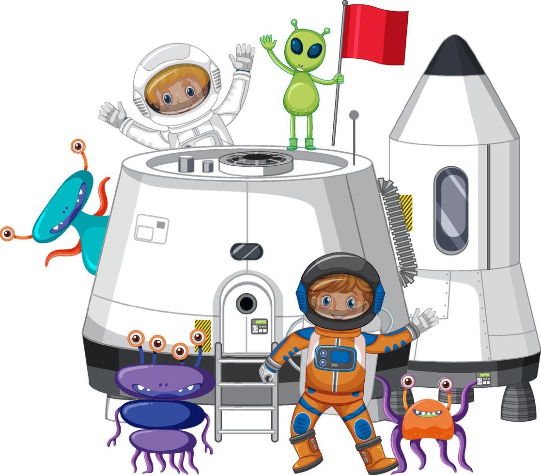 Space station with astronaut and alien vector
