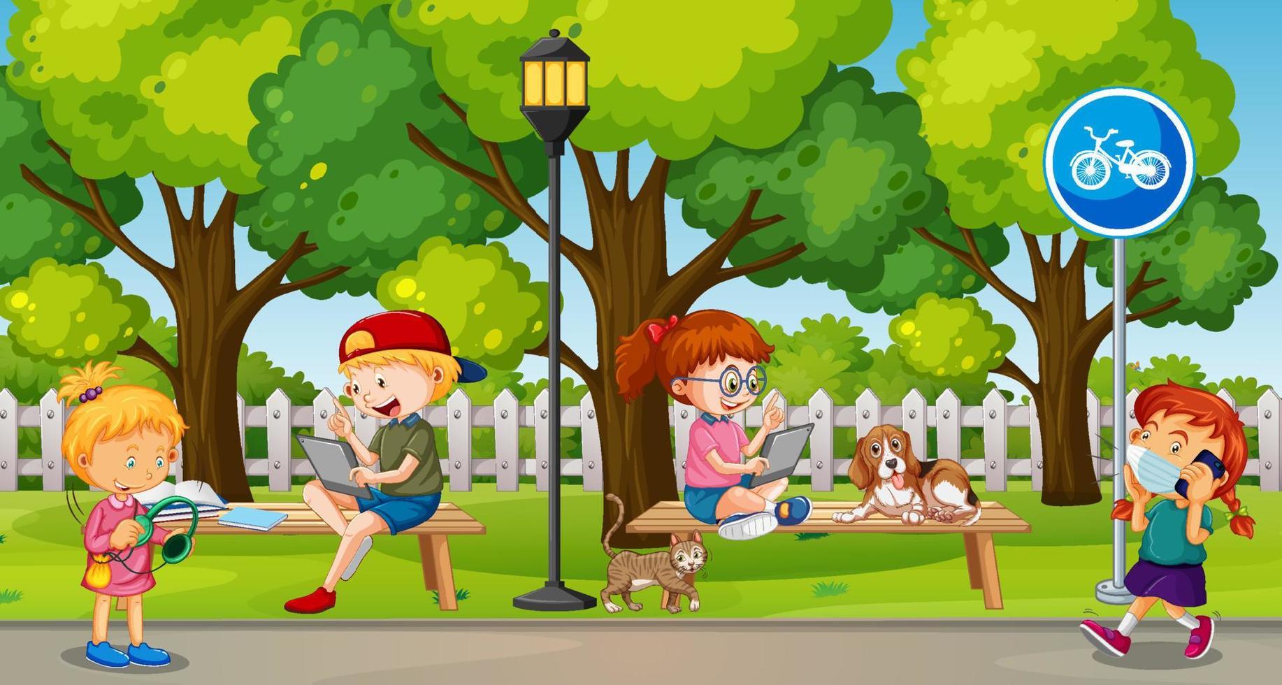 Park scene with children using technology devices vector