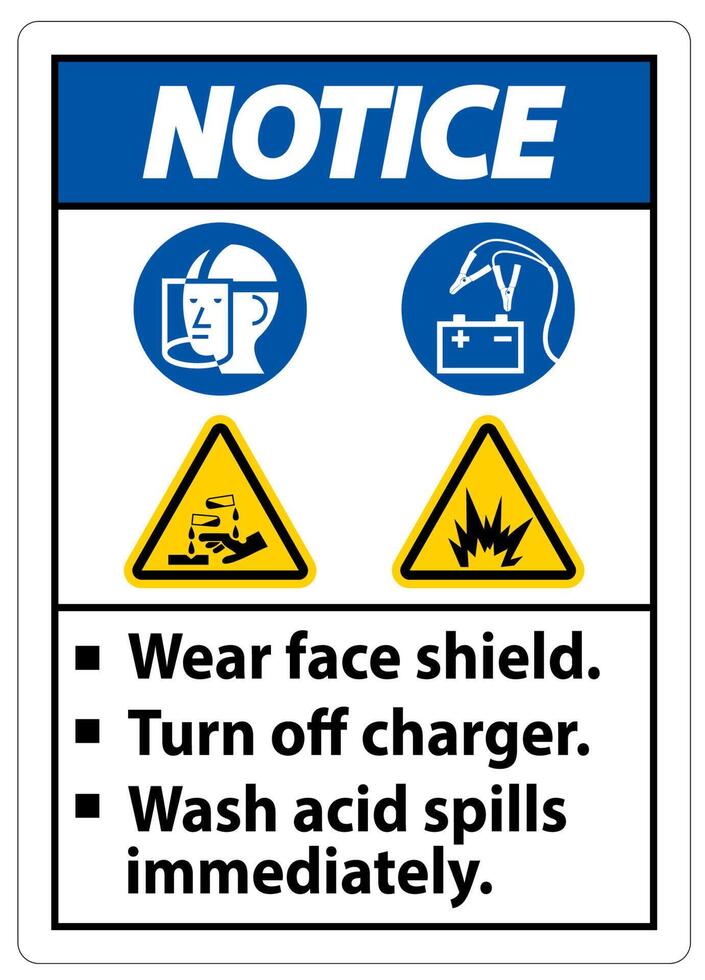 Warning Sign Wear Face Shield, Turn Off Charger, Wash Acid Spills Immediately vector