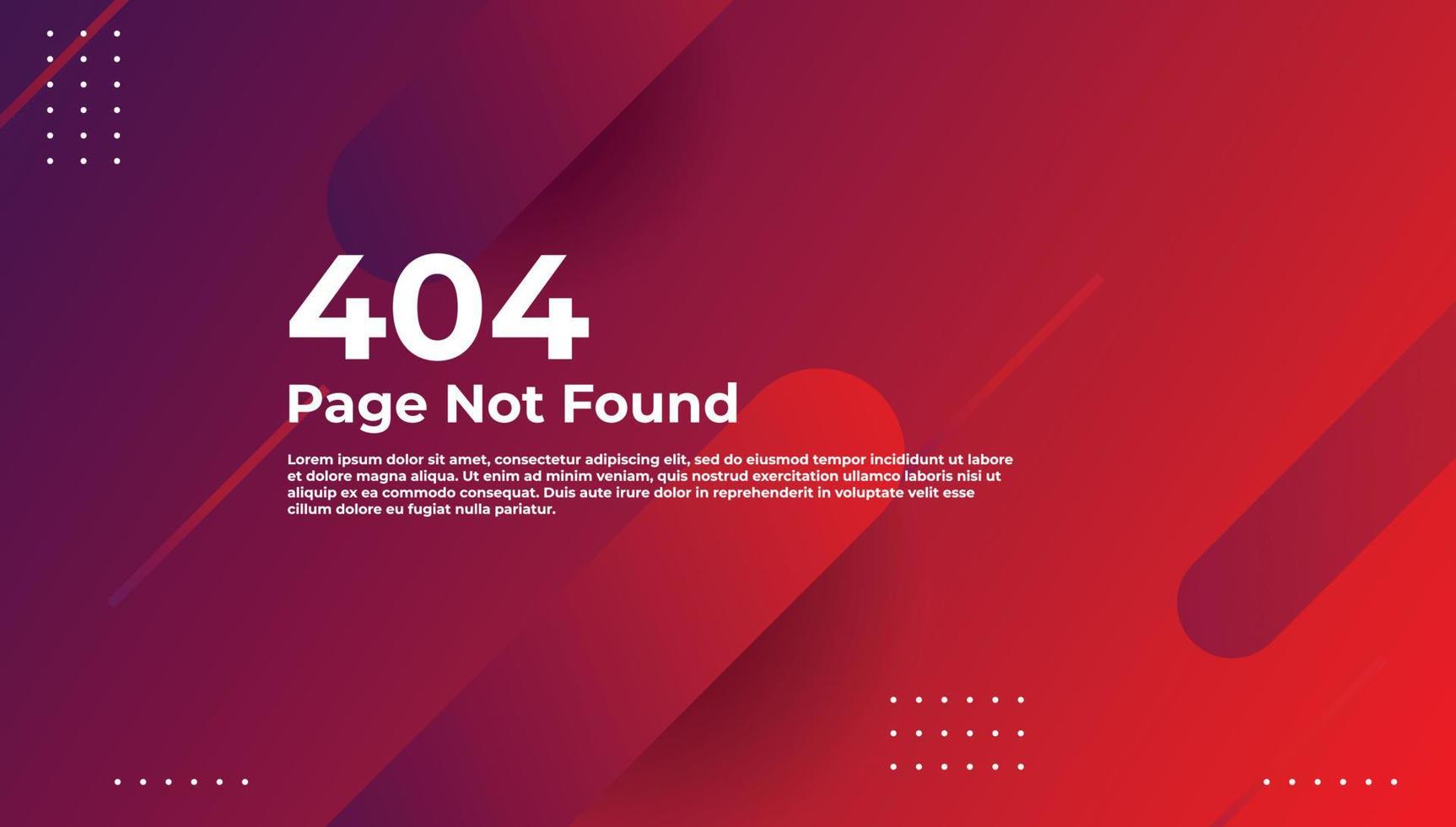 Error de diseño de fondo 404, texto de página no encontrada. linda plantilla de degradado, banner o página web vector