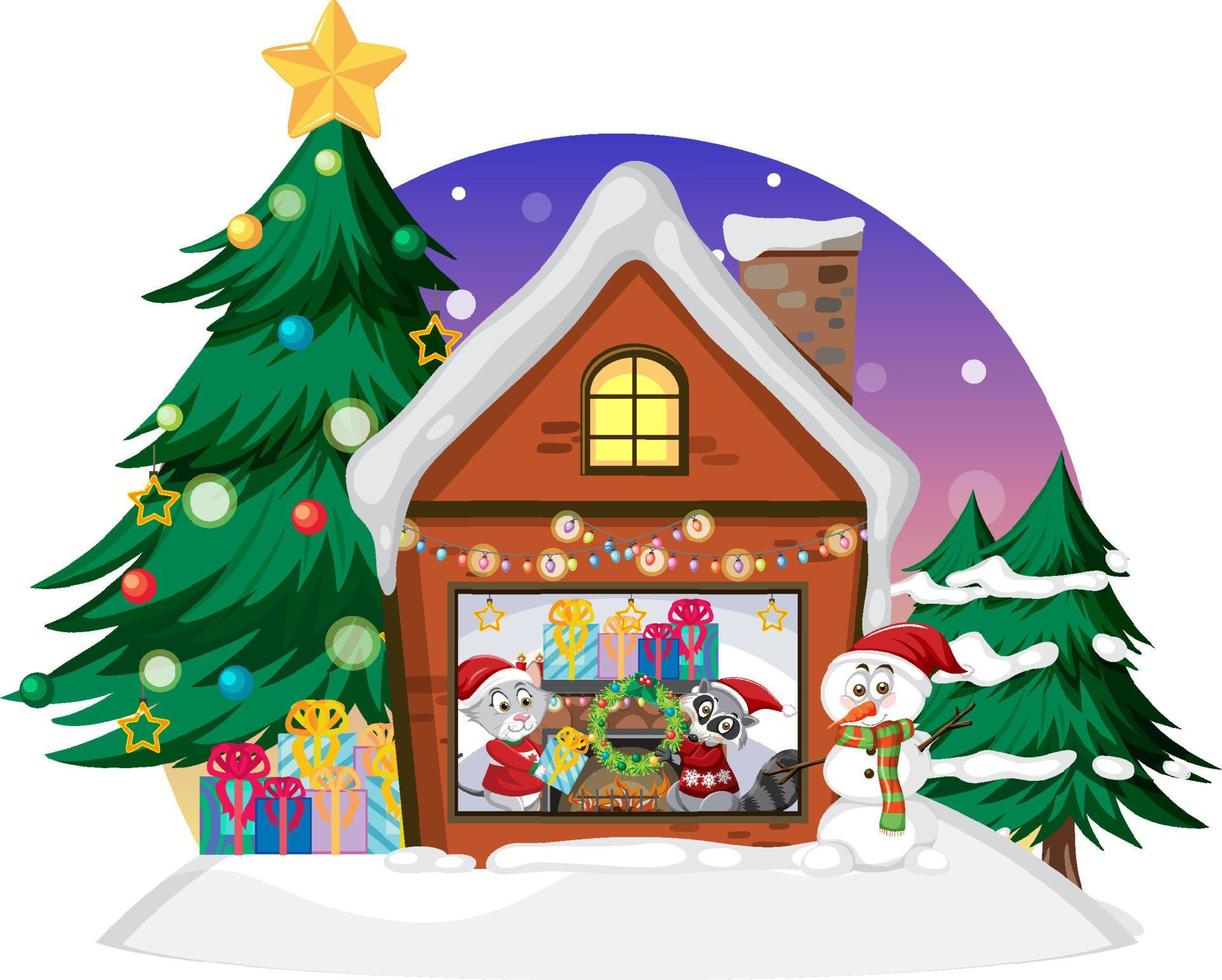 Raccoon and cat live in winter house in Christmas theme vector