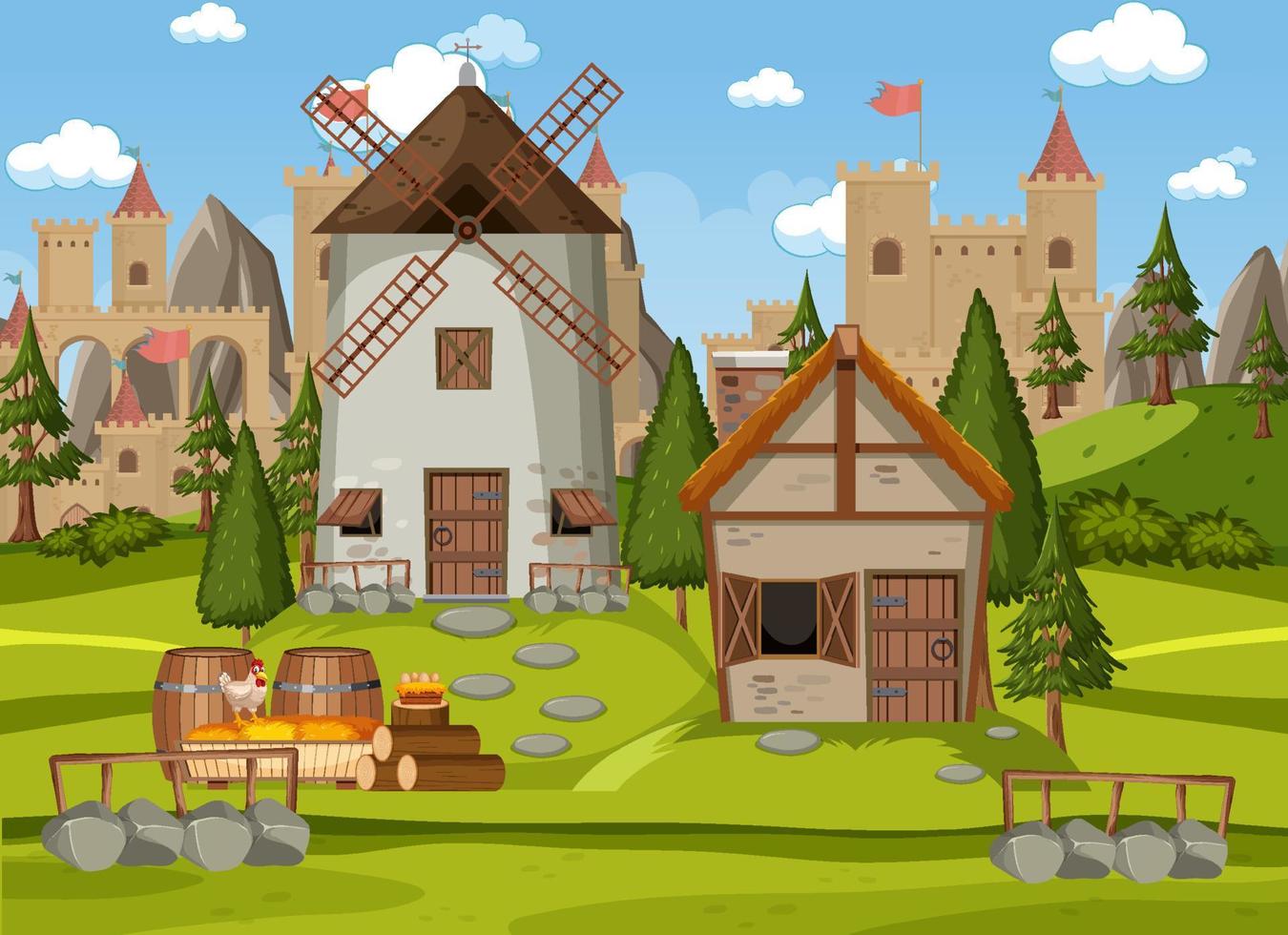 Medieval town scene with windmill and barn vector