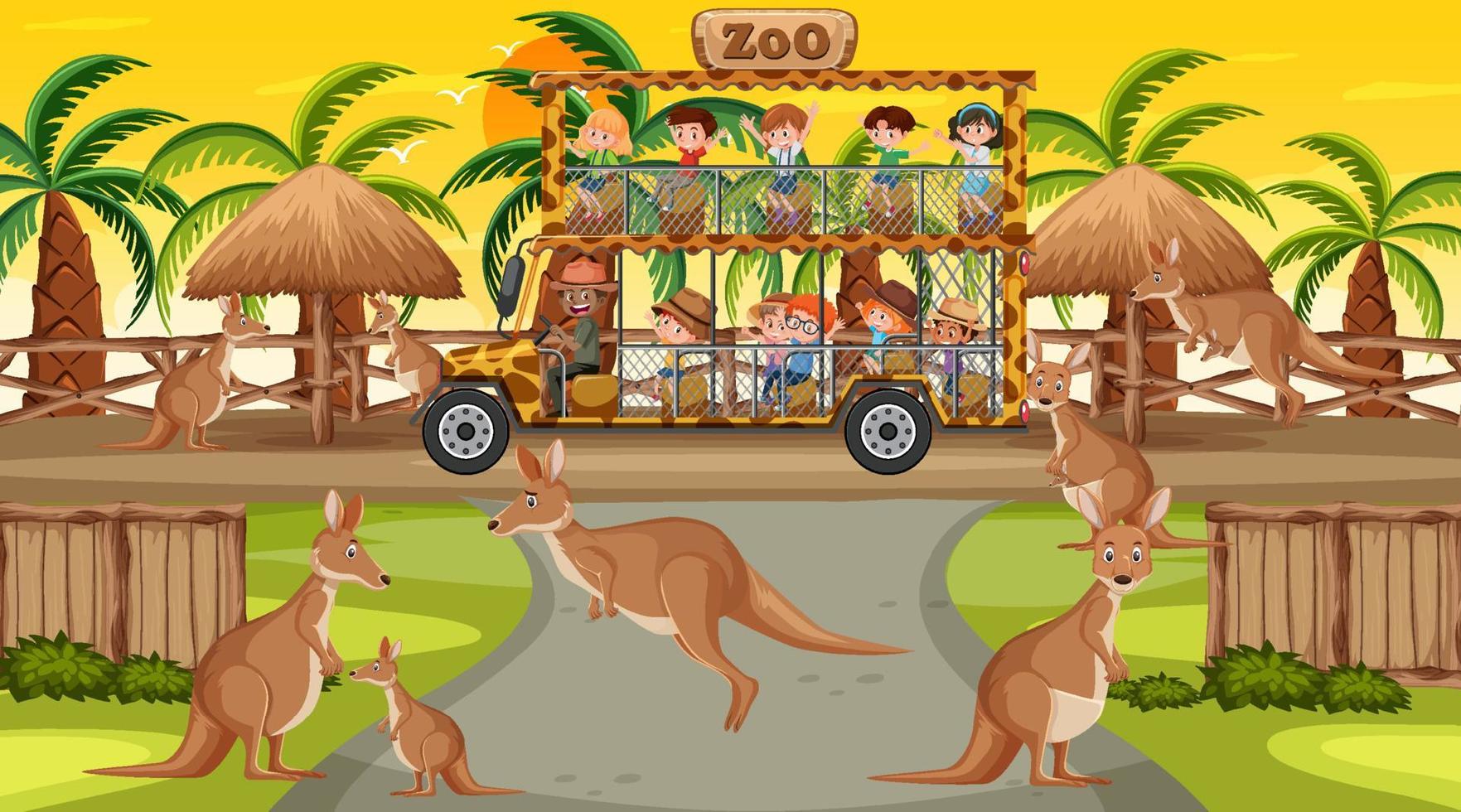 Safari at sunset time scene with many children watching kangaroo group vector