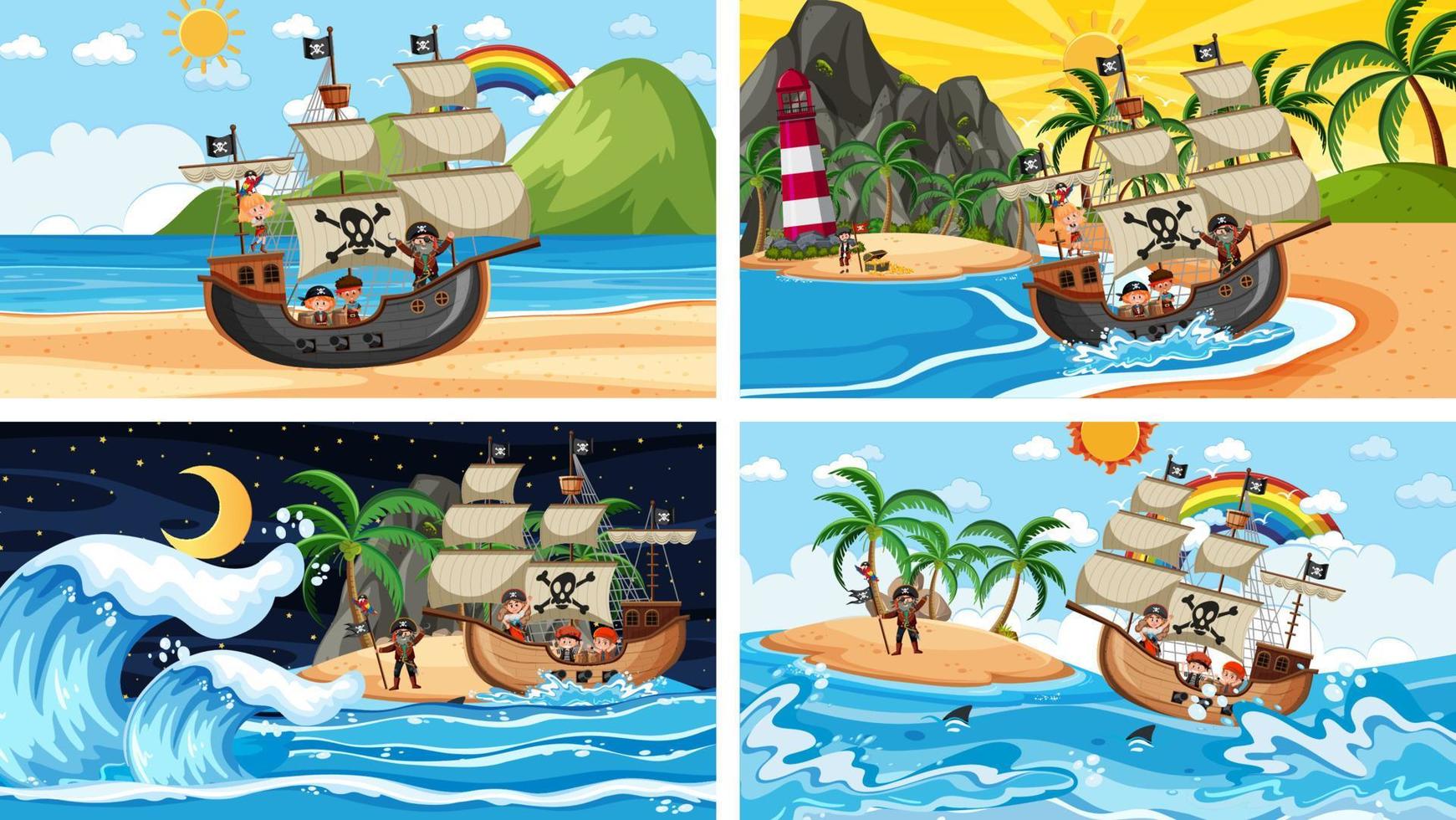 Set of different beach scenes with pirate ship vector