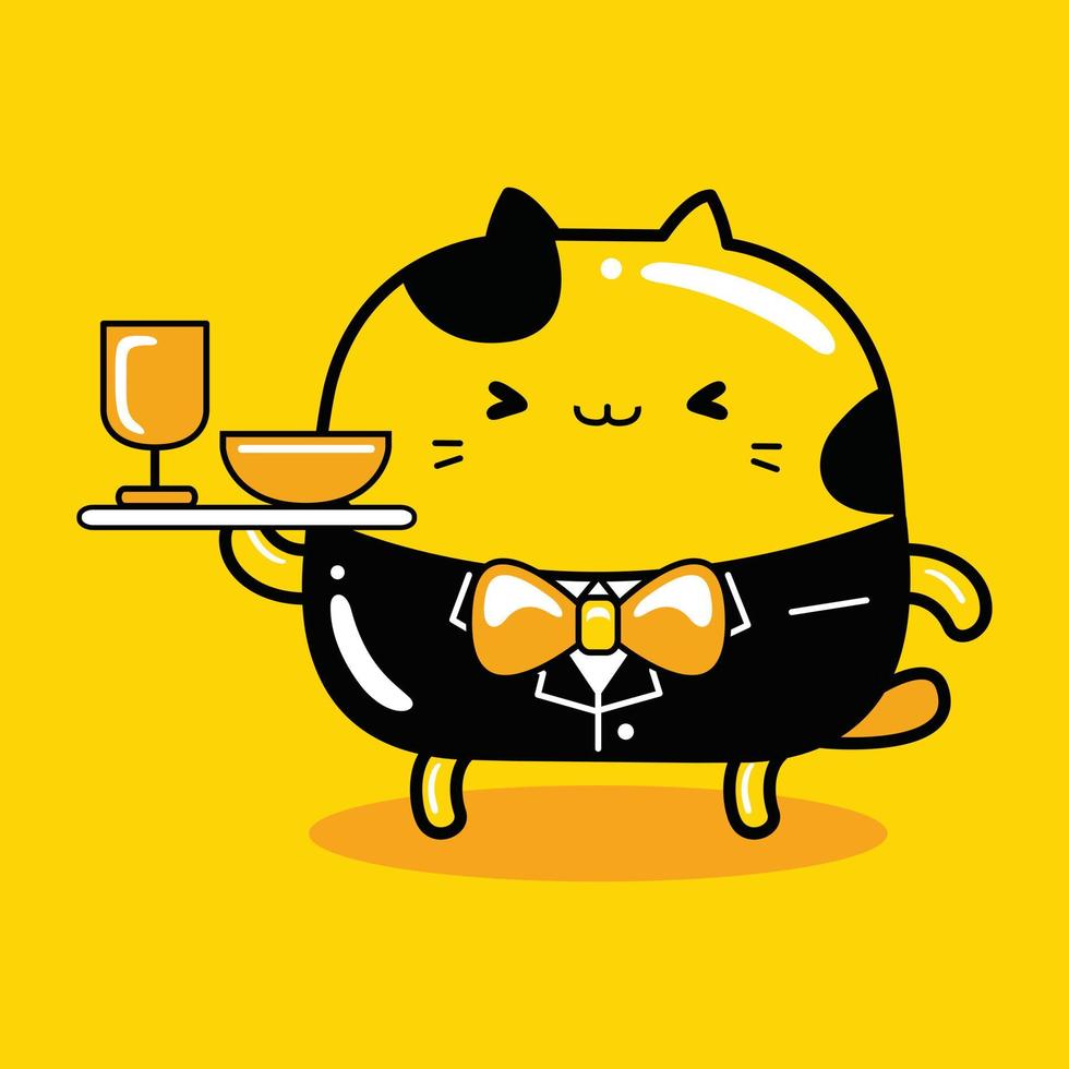 Profesión de camarero de personaje de gato lindo vector