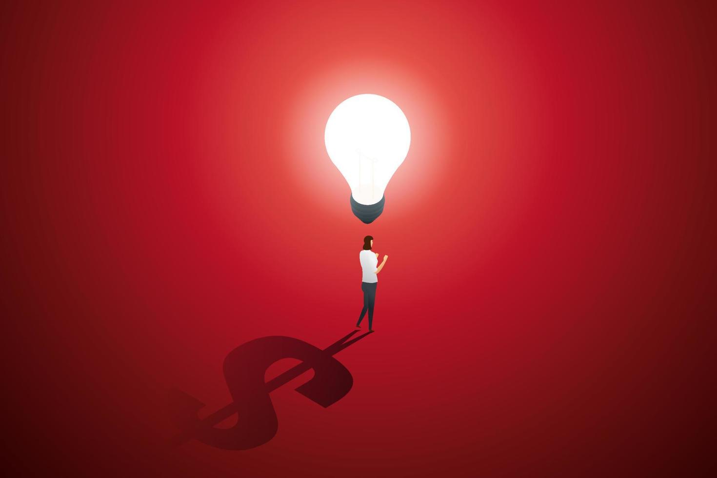 Woman standing under a lightbulb  reflecting a dollar. vector