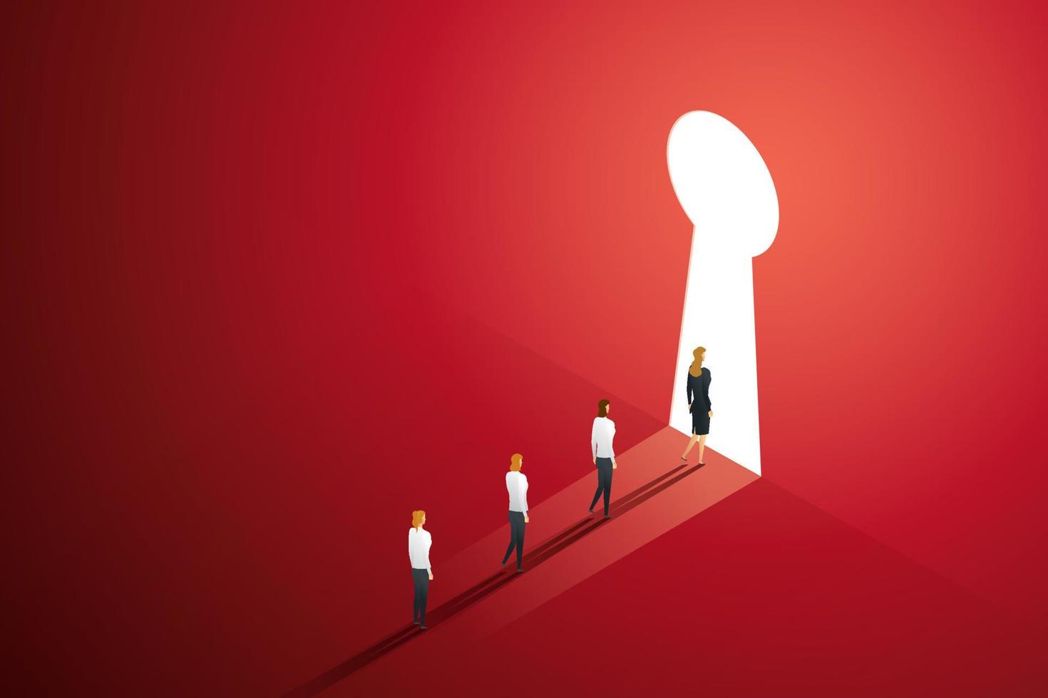 Group of businesswomen walked towards the gleaming keyhole on a large red wall. vector