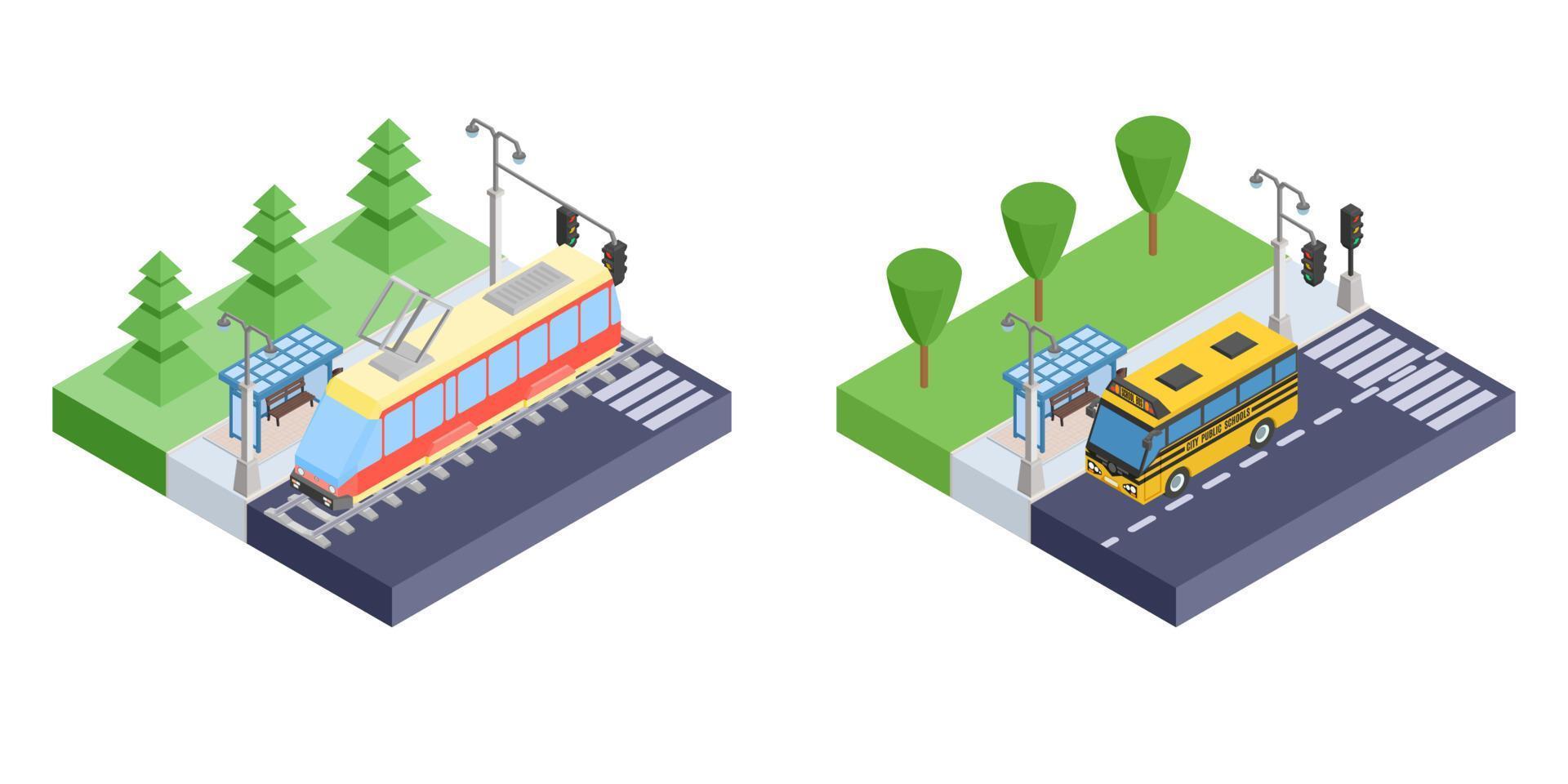 iconos isométricos paran transporte tranvía y autobús vector