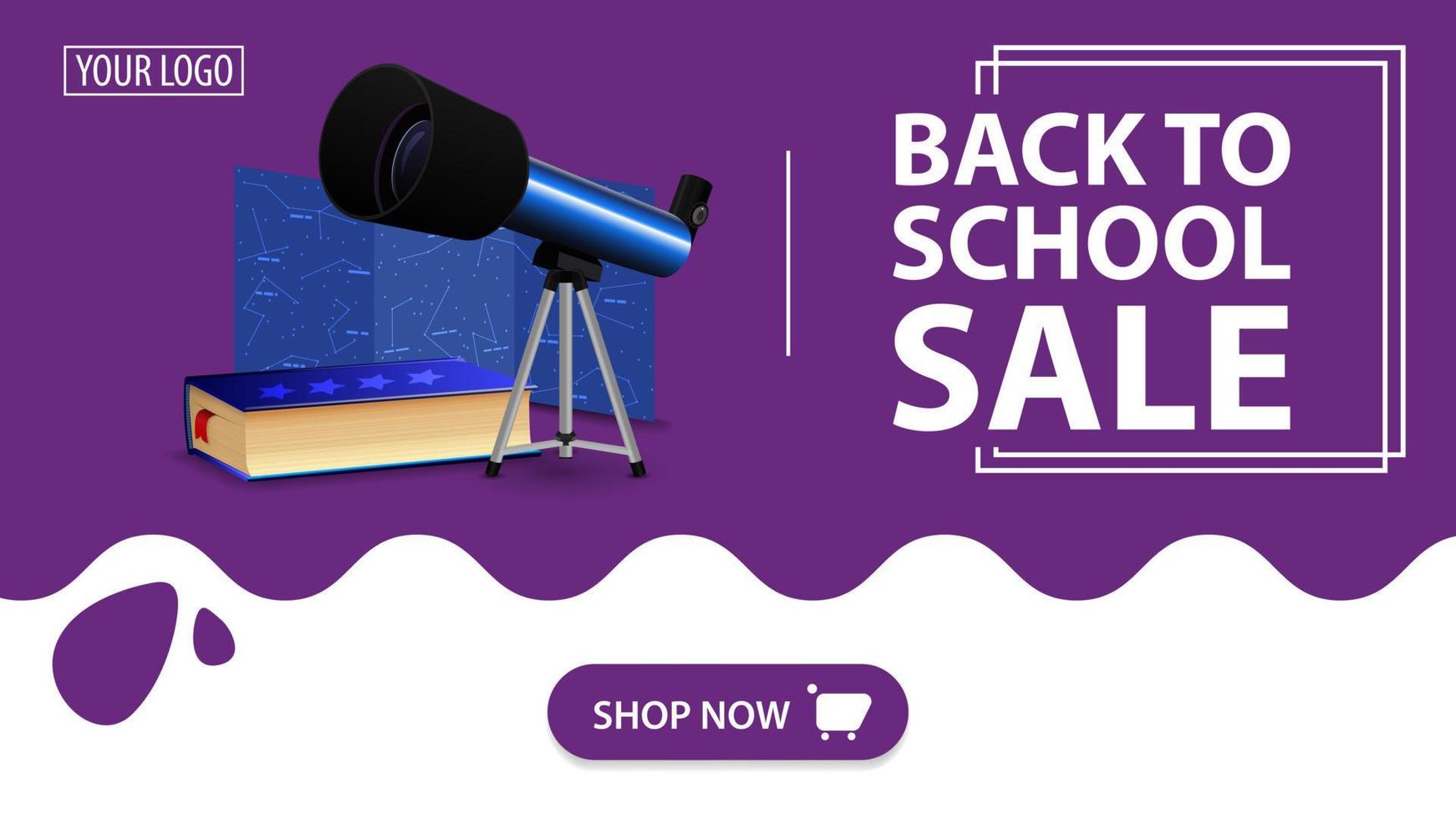 Back to school sale, red banner with telescope, map of the constellations and the encyclopedia of astronomy vector