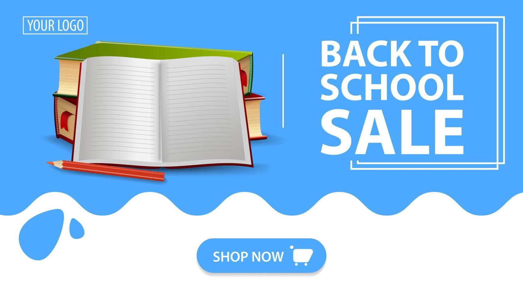 Back to school sale, red banner with school textbooks and notebook vector