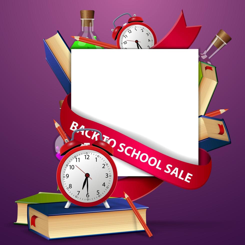 Back to school sale, web banner template with school books and alarm clock vector