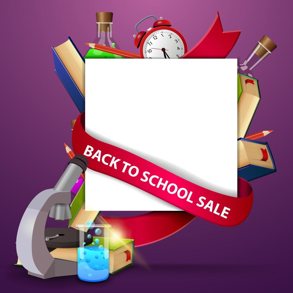 Back to school sale, web banner template with microscope, books and chemical flask vector