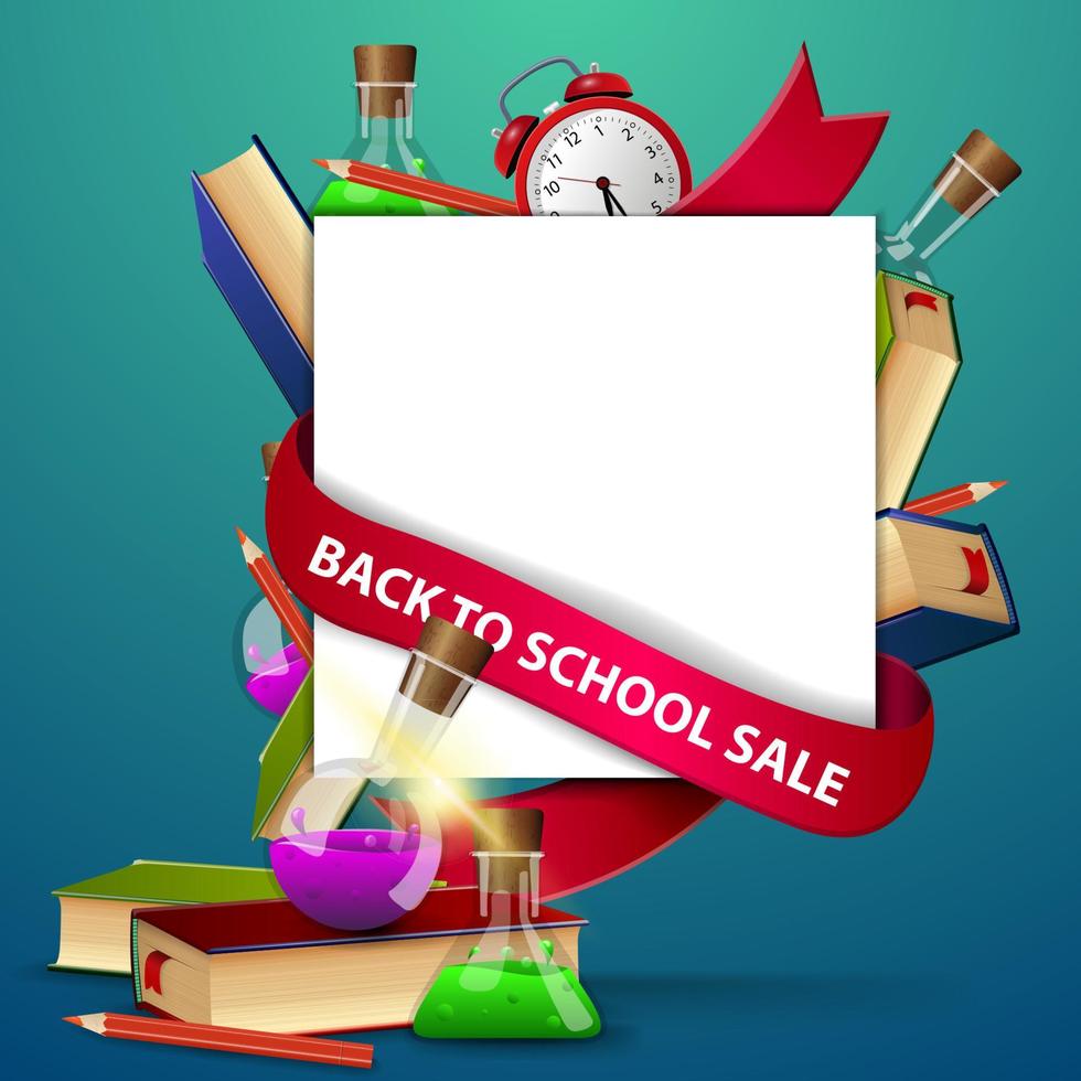 venta de regreso a la escuela, plantilla de banner web con libros y frascos químicos vector