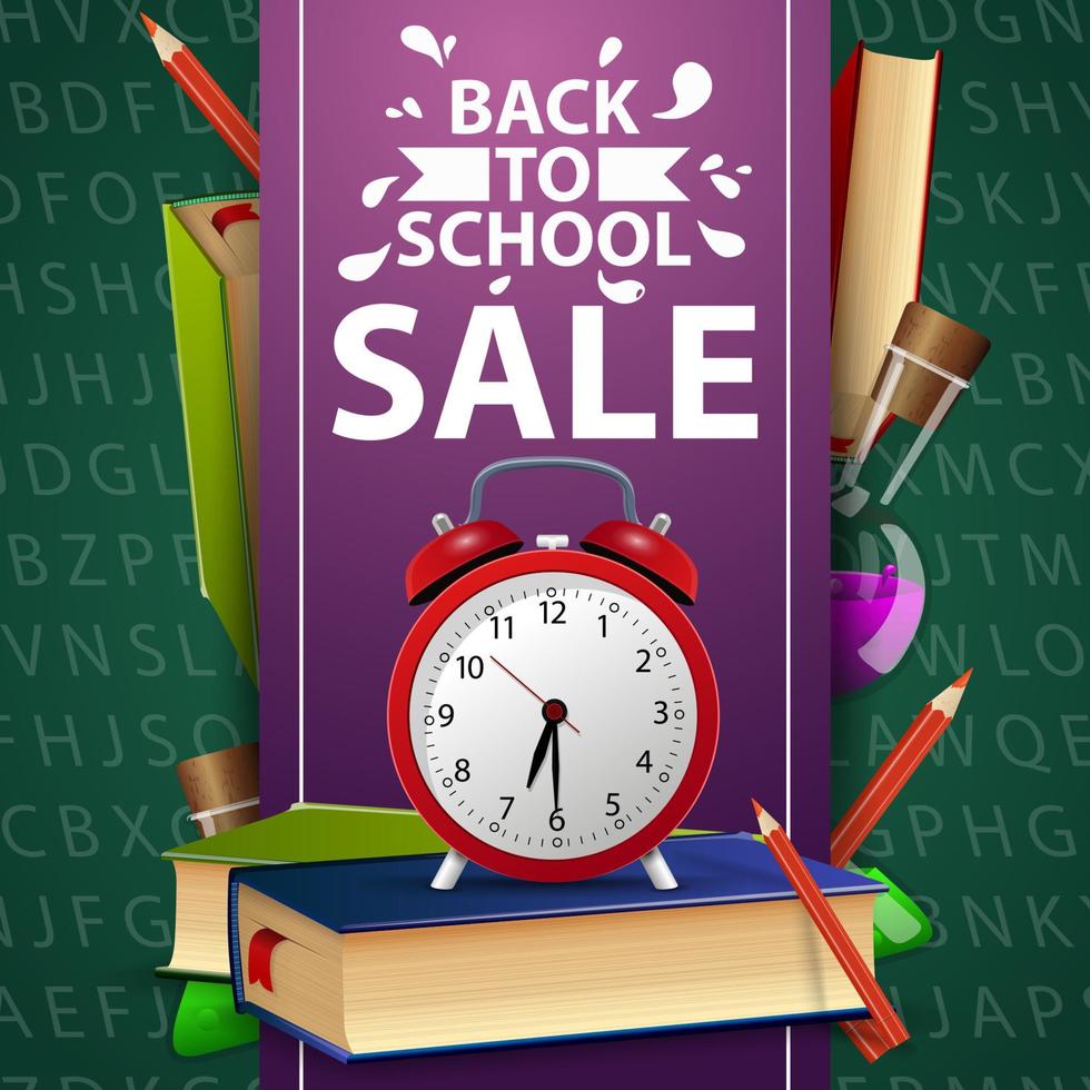 Back to school sale, green web banner with school books and alarm clock vector