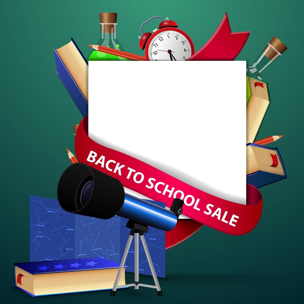 Back to school sale, web banner template with telescope, map of the constellations and the encyclopedia of astronomy vector