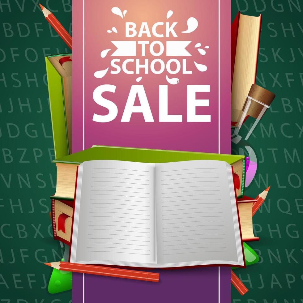 venta de regreso a la escuela, banner web verde con libros de texto escolares y cuaderno vector