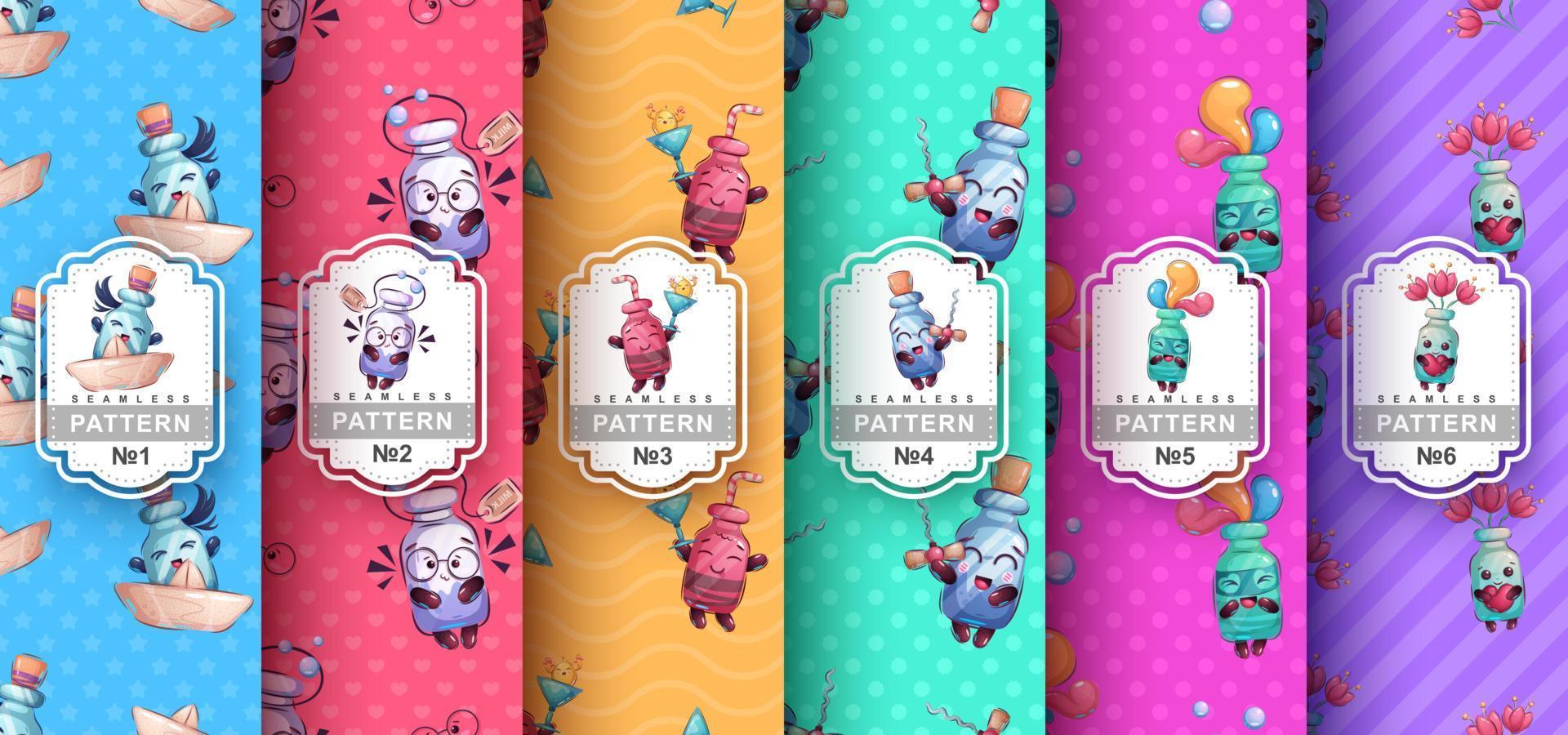 Cartoon character bottle and seamless pattern vector