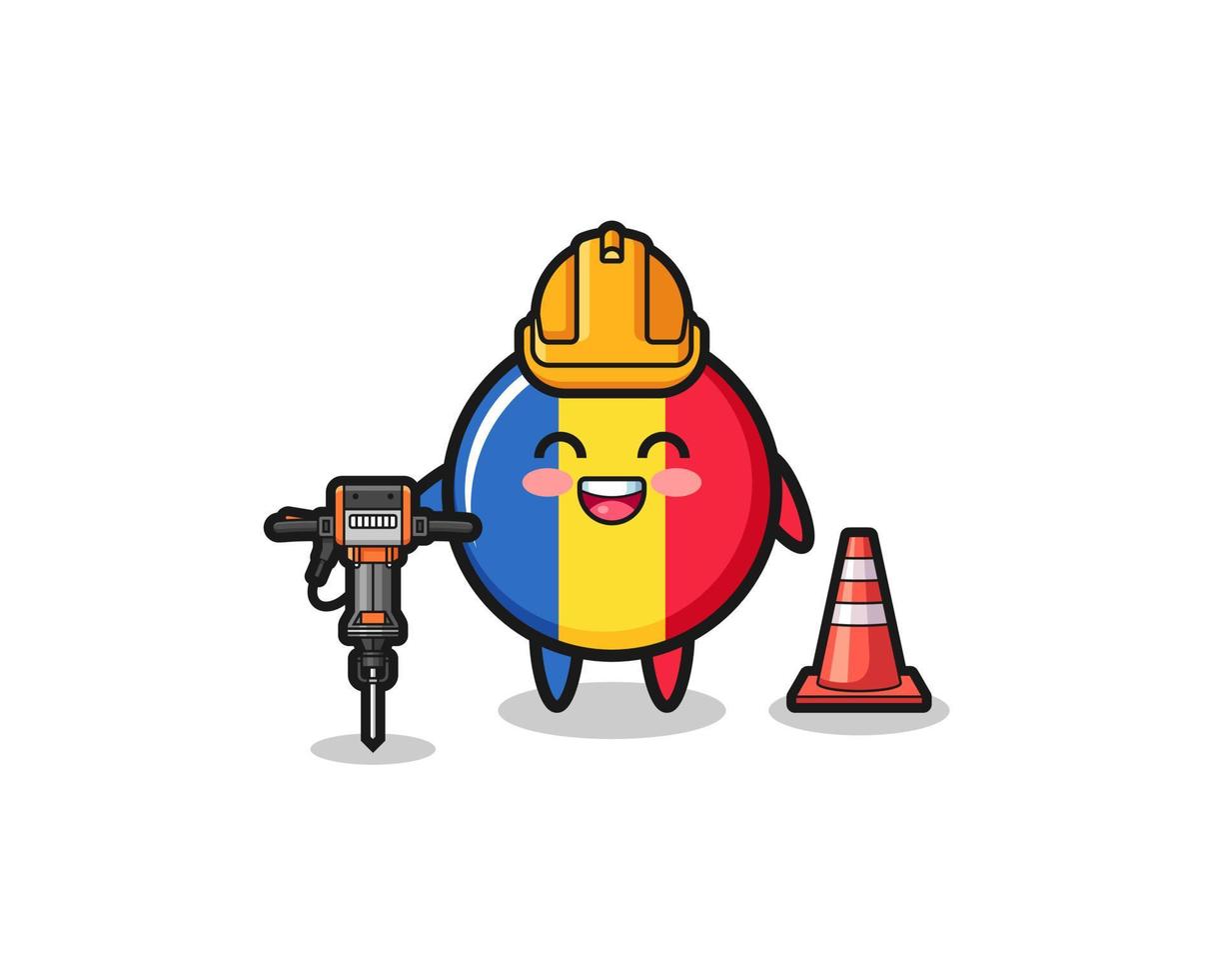 Mascota del trabajador de la carretera de la bandera de Rumania sosteniendo la máquina perforadora vector