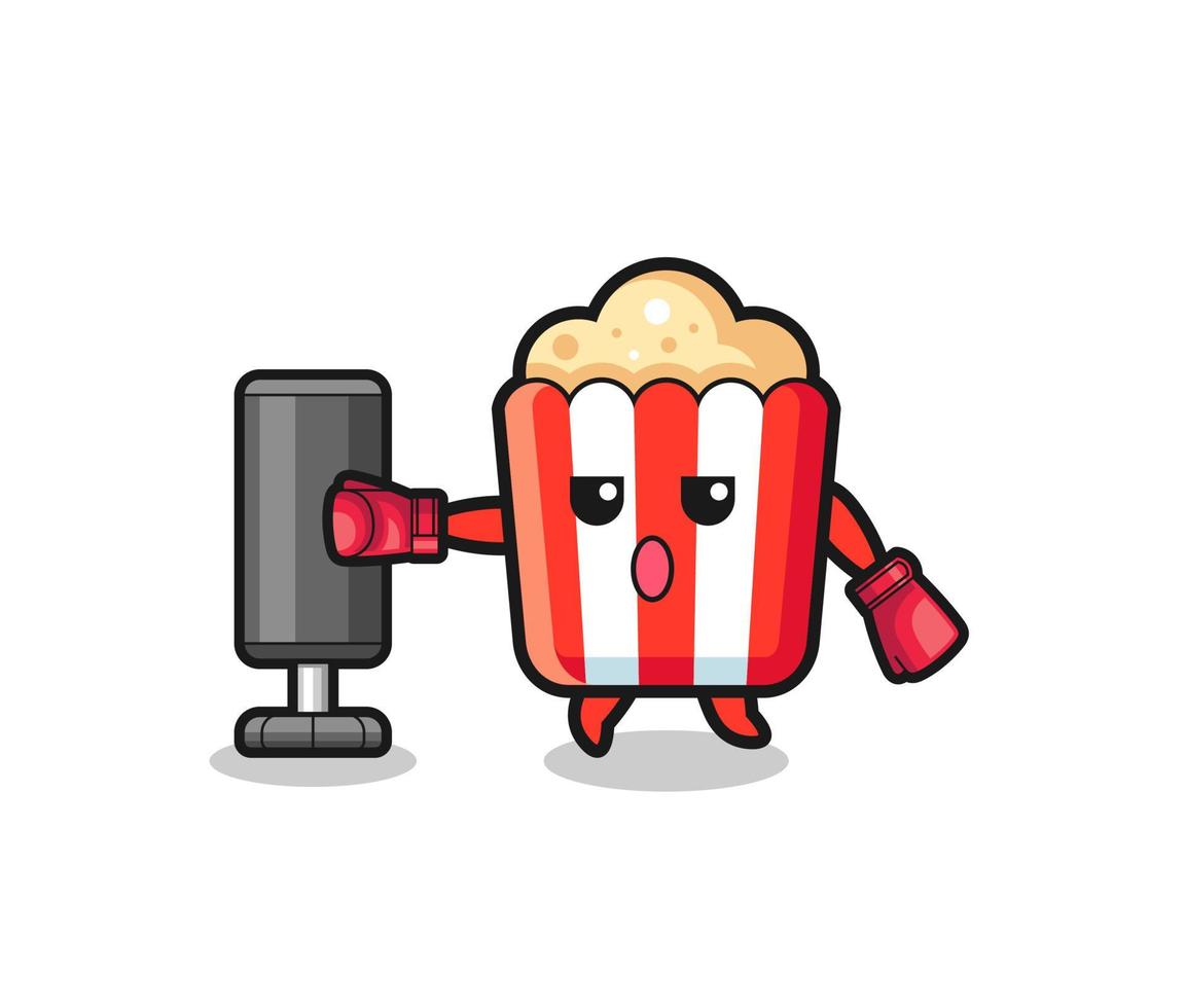 popcorn boxer cartoon doing training with punching bag vector