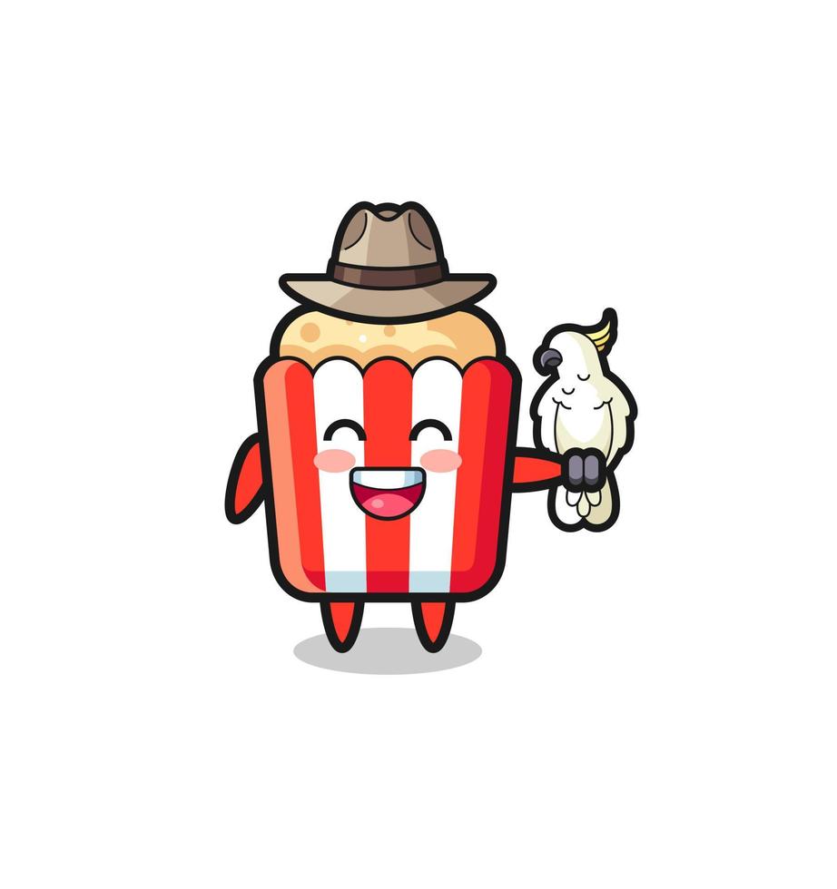 popcorn zookeeper mascot with a parrot vector