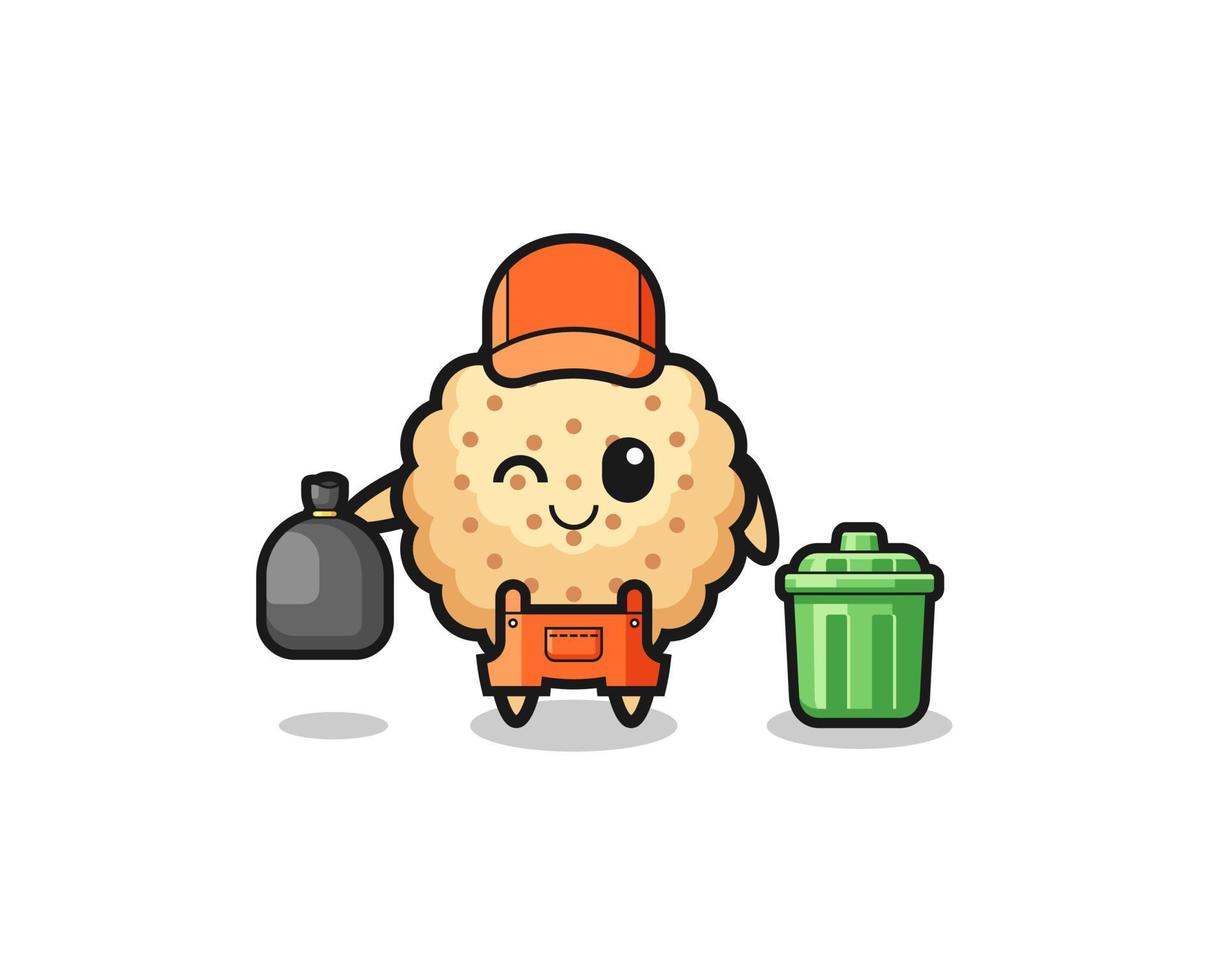 the mascot of cute round biscuits as garbage collector vector