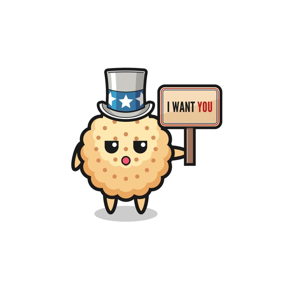 round biscuits cartoon as uncle Sam holding the banner I want you vector