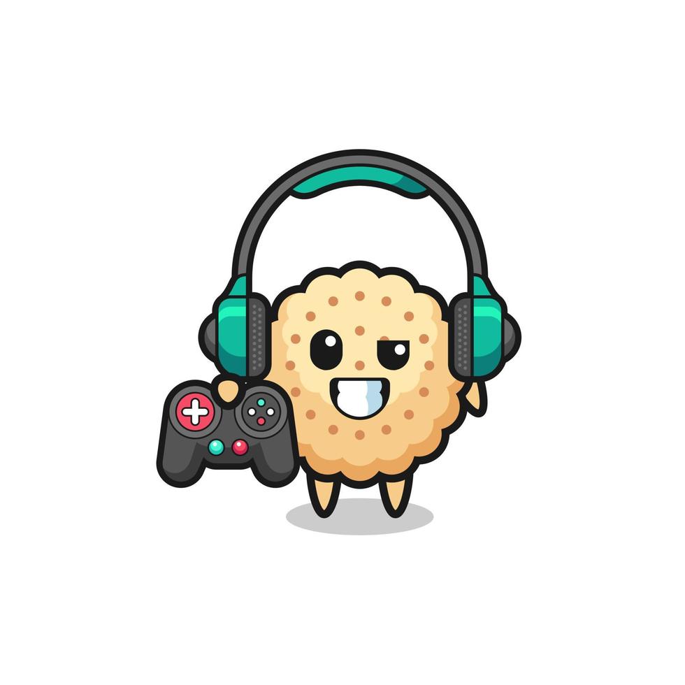 round biscuits gamer mascot holding a game controller vector