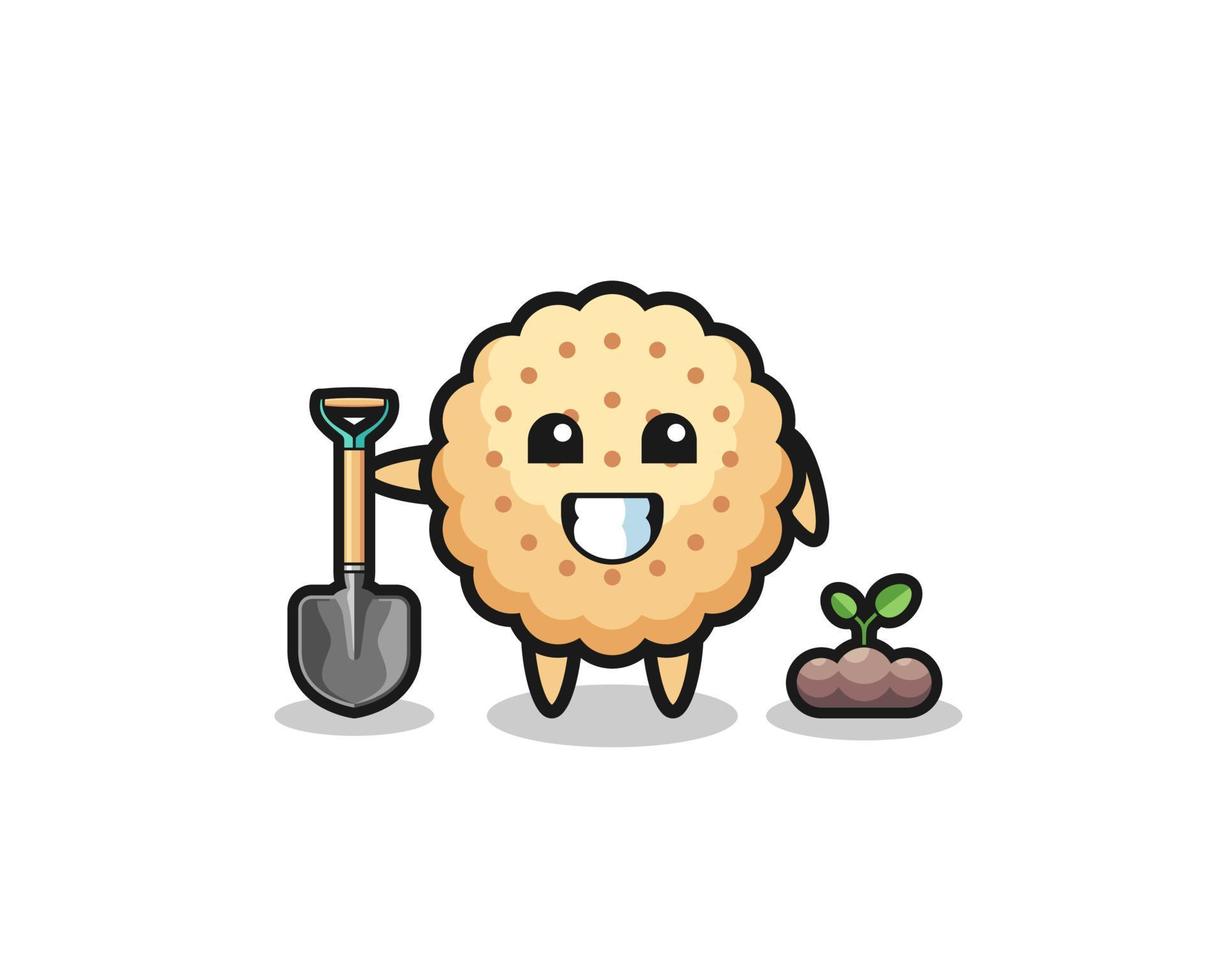 cute round biscuits cartoon is planting a tree seed vector