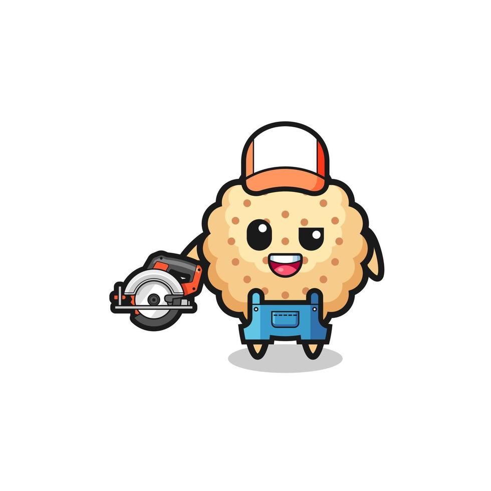 the woodworker round biscuits mascot holding a circular saw vector
