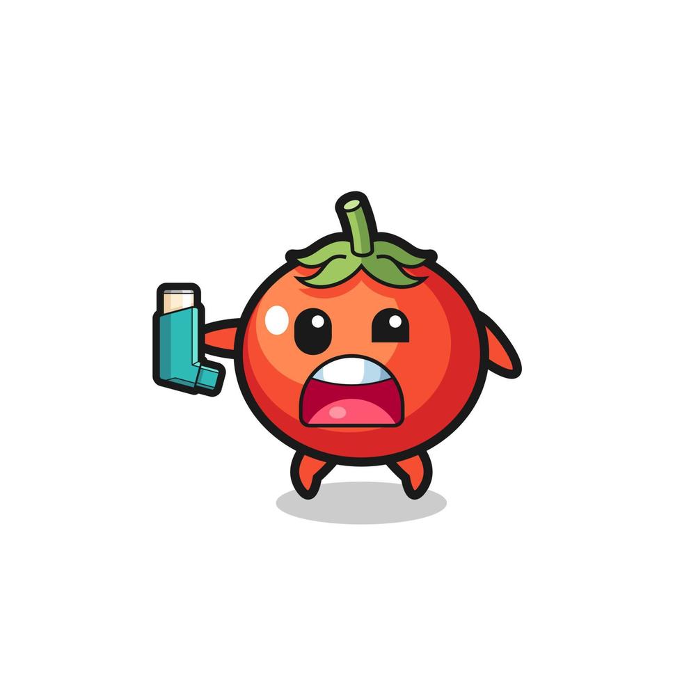Mascota de tomates que tiene asma mientras sostiene el inhalador vector