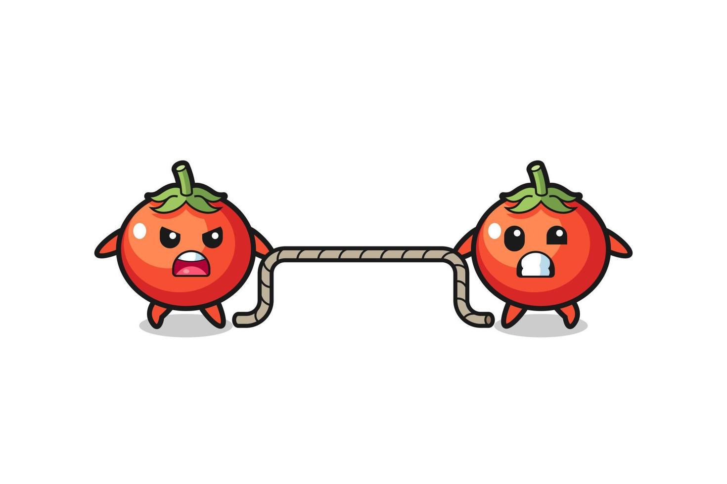 cute tomatoes character is playing tug of war game vector