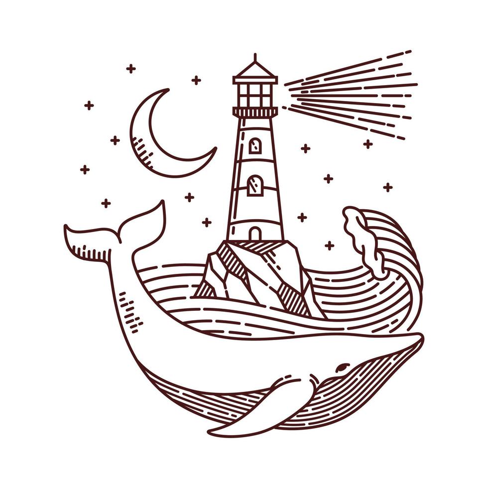 Whale and lighthouse line illustration vector