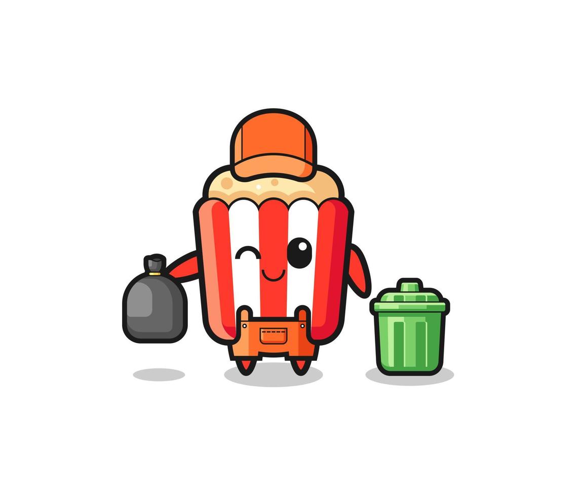 the mascot of cute popcorn as garbage collector vector