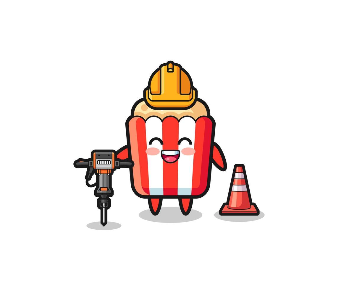 road worker mascot of popcorn holding drill machine vector