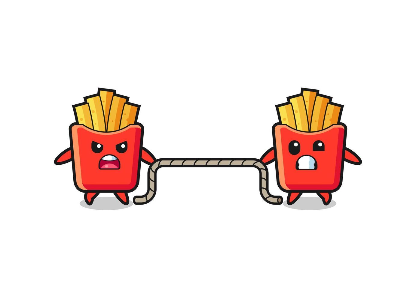 cute french fries character is playing tug of war game vector