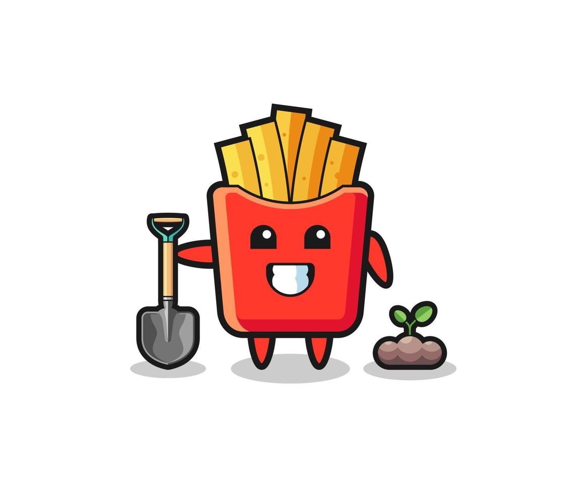 cute french fries cartoon is planting a tree seed vector