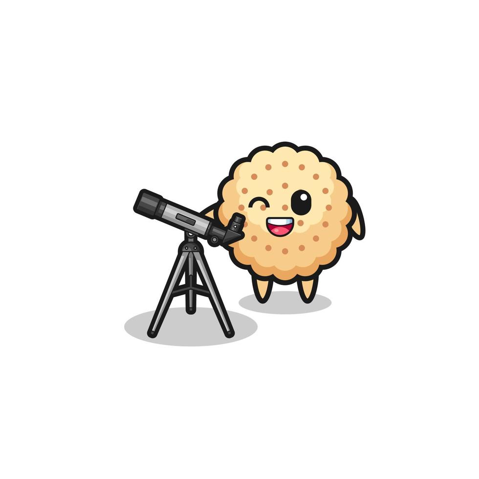 Mascota astrónomo galletas redondas con un telescopio moderno vector