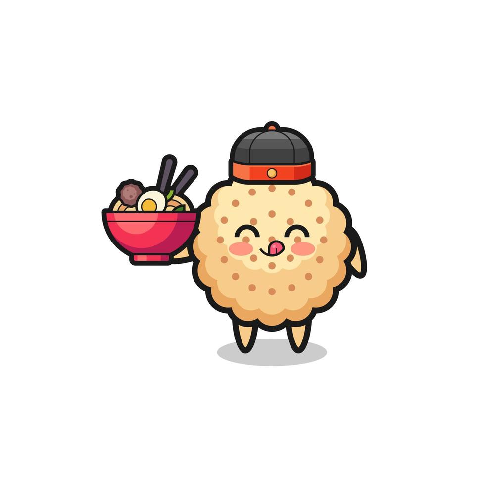 round biscuits as Chinese chef mascot holding a noodle bowl vector