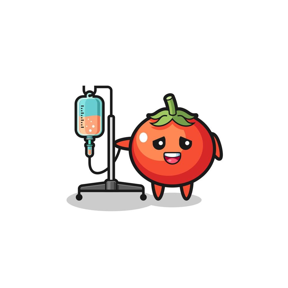 Lindo personaje de tomates de pie con poste de infusión vector