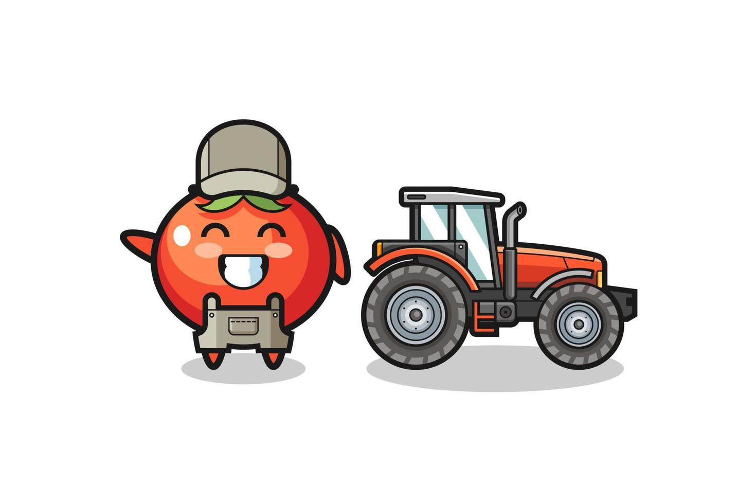 La mascota del granjero de tomates de pie junto a un tractor. vector