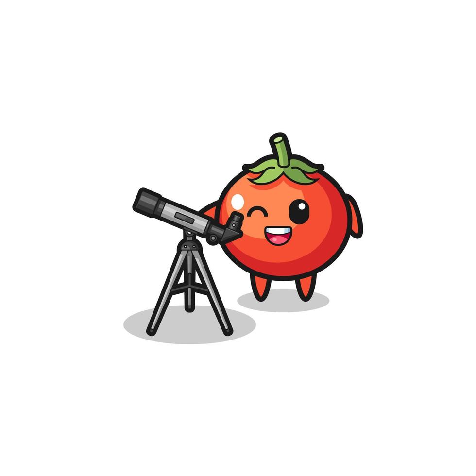 Mascota del astrónomo de tomates con un telescopio moderno. vector