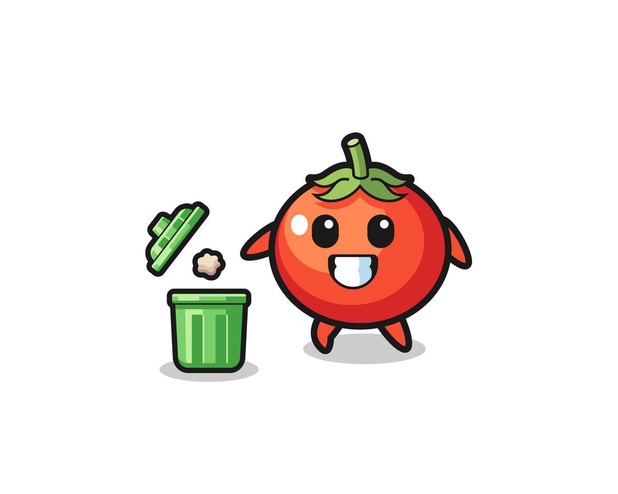 illustration of the tomatoes throwing garbage in the trash can vector