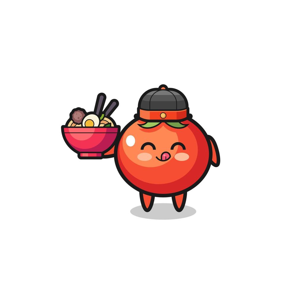 tomatoes as Chinese chef mascot holding a noodle bowl vector