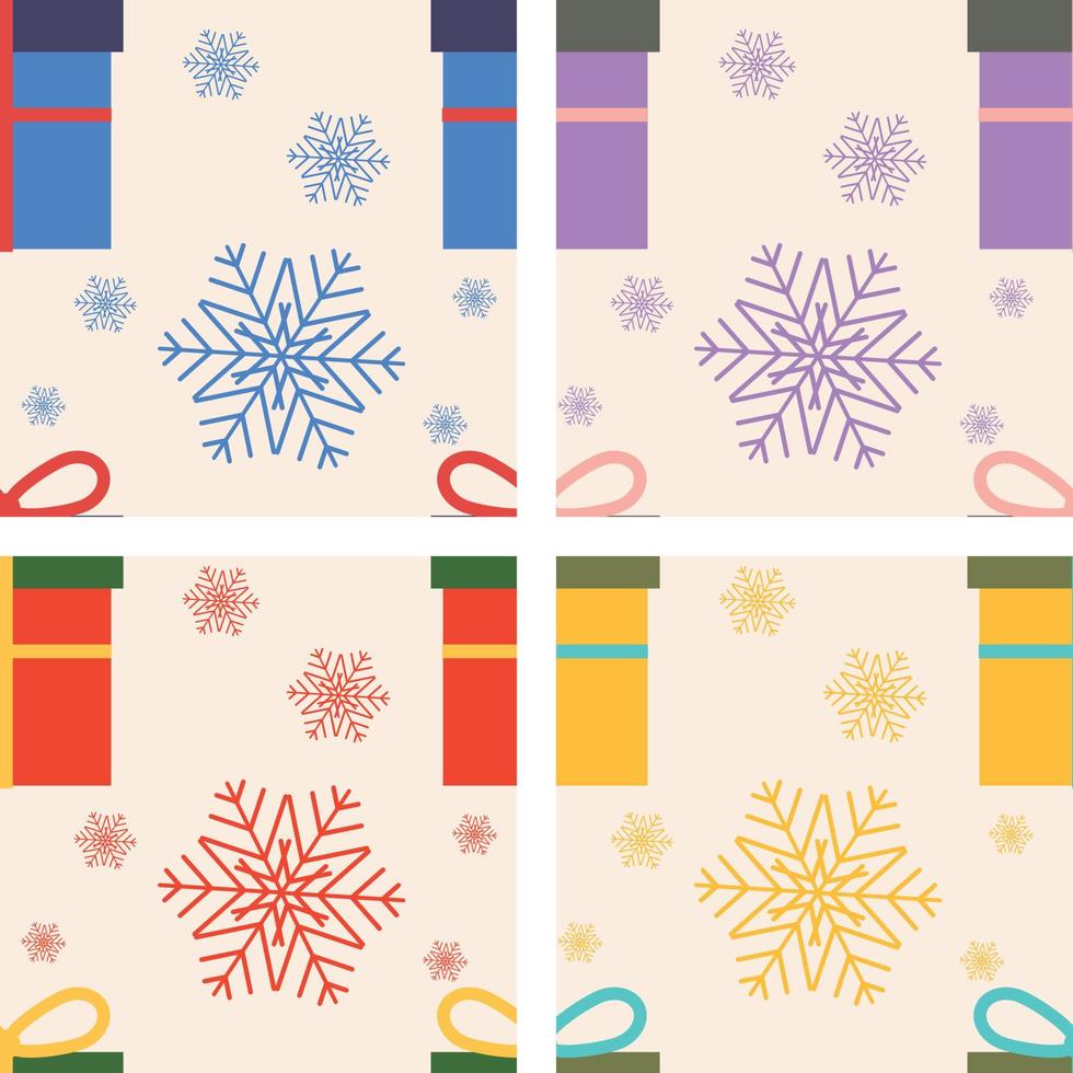 Vector Christmas Seamless Pattern Set with Gift Box and Snowflakes